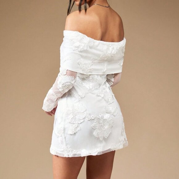 White Elegant Womens Embroidered Off Shoulder Long Sleeve Mini Bardot Dress - Picture 2 of 7